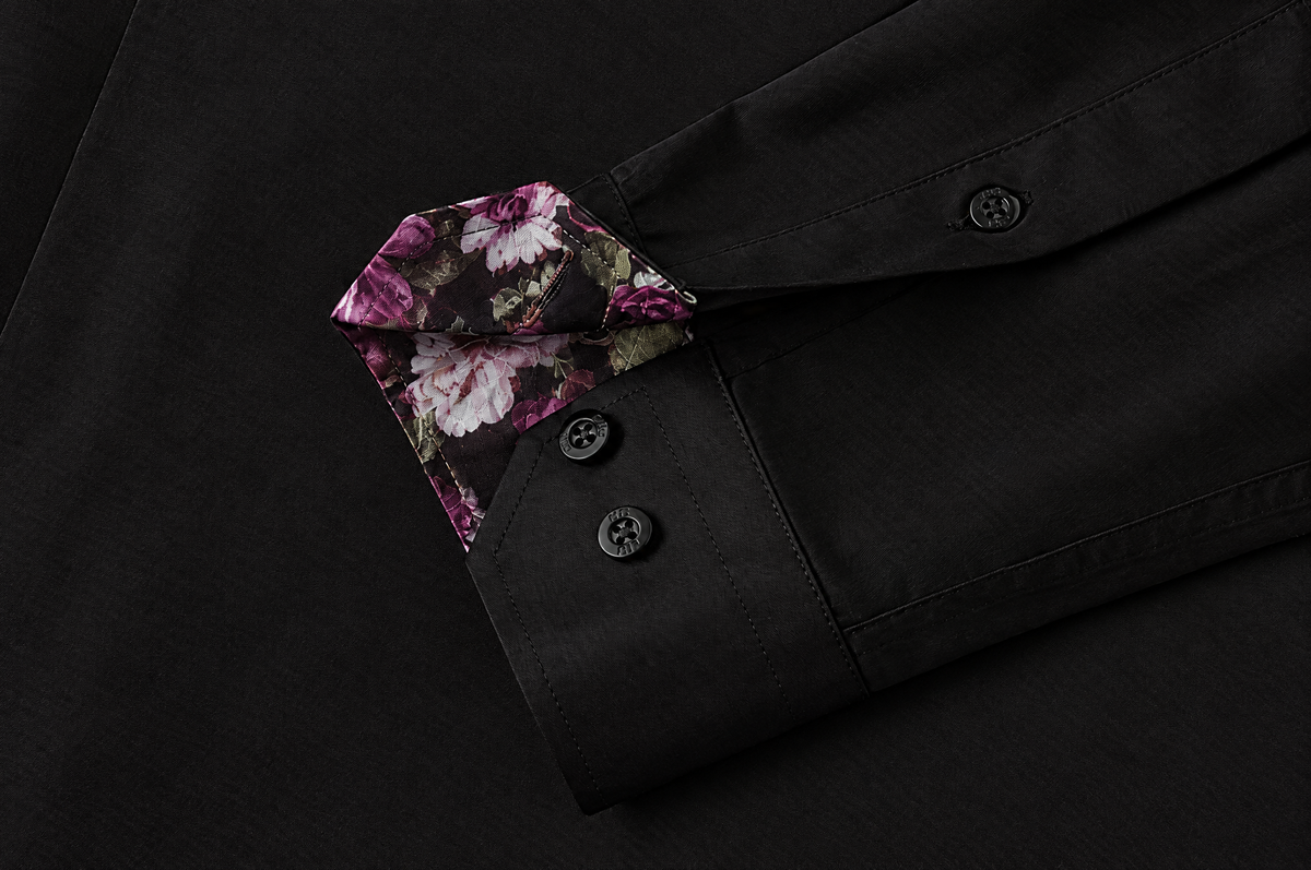 Black Sateen shirt with Name of the Rose Accents mitred cuff with accent lining