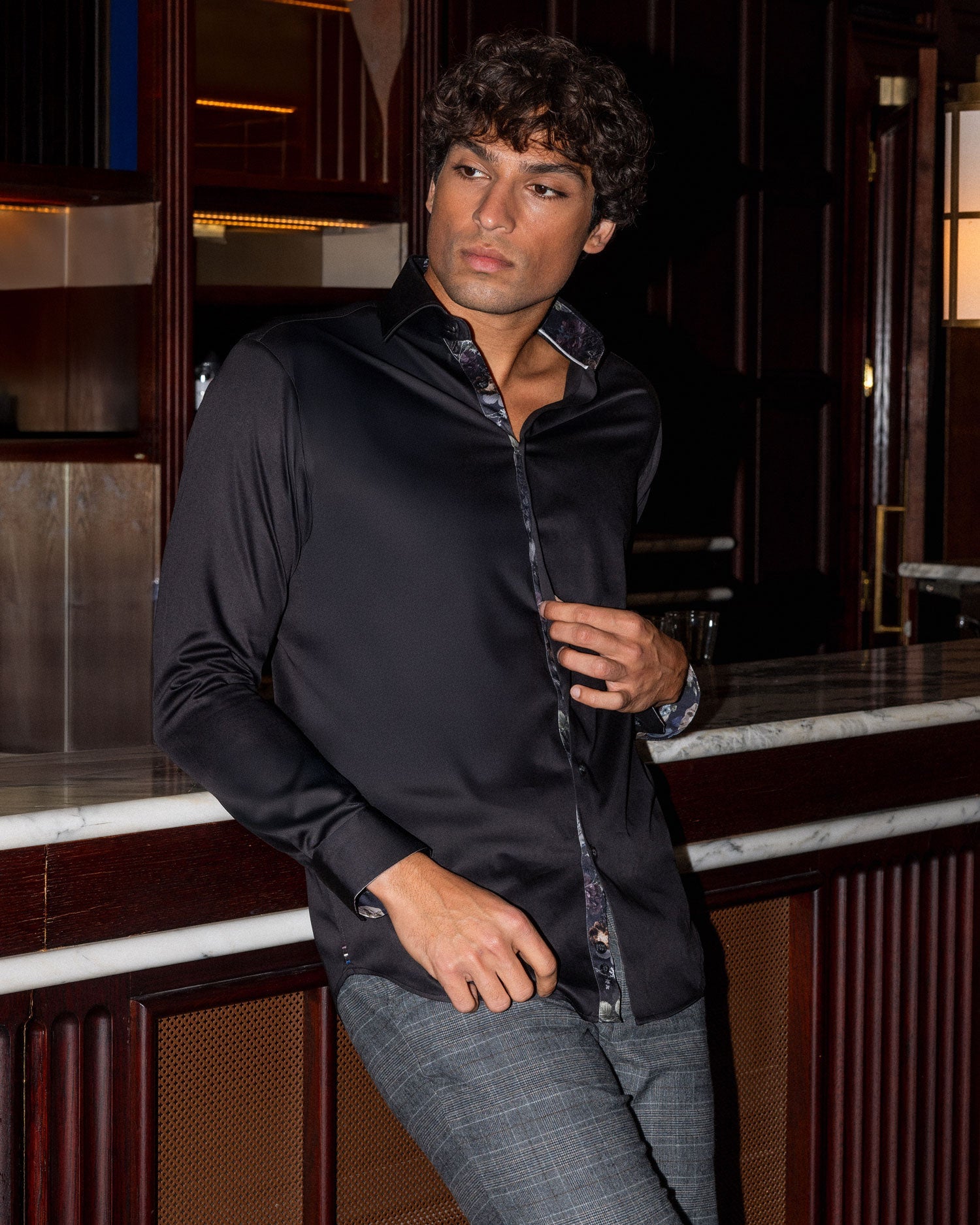 Black Sateen Shirt with Botanical Rebellion Accents - Blake Mill