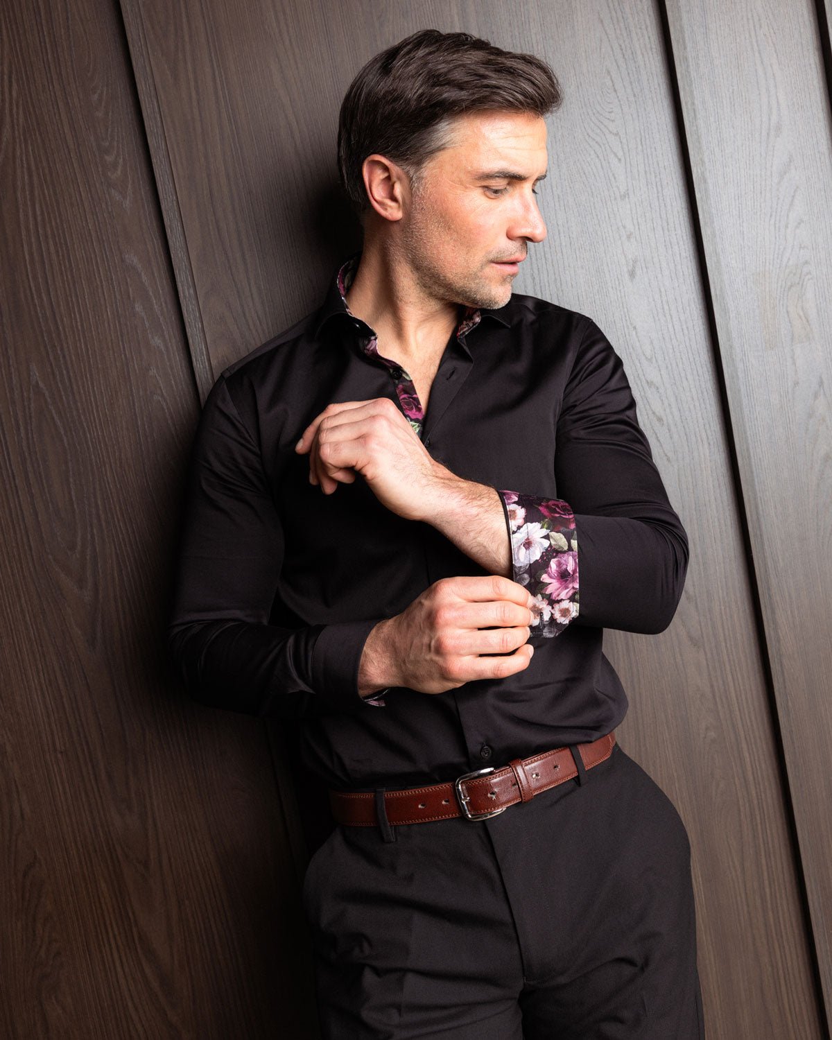 Black Sateen Shirt with Name of the Rose Accents - Blake Mill