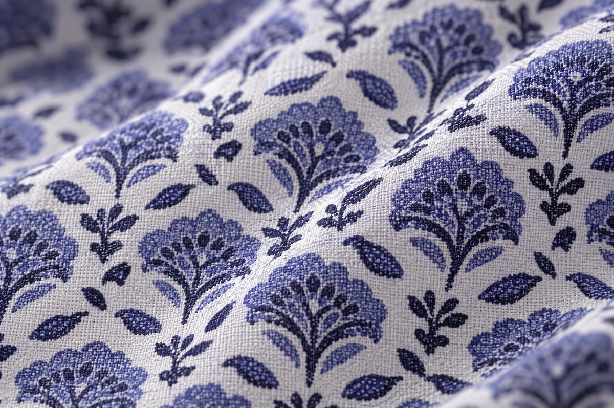 Blue Geo Flora Open Collar shirt fabric detail