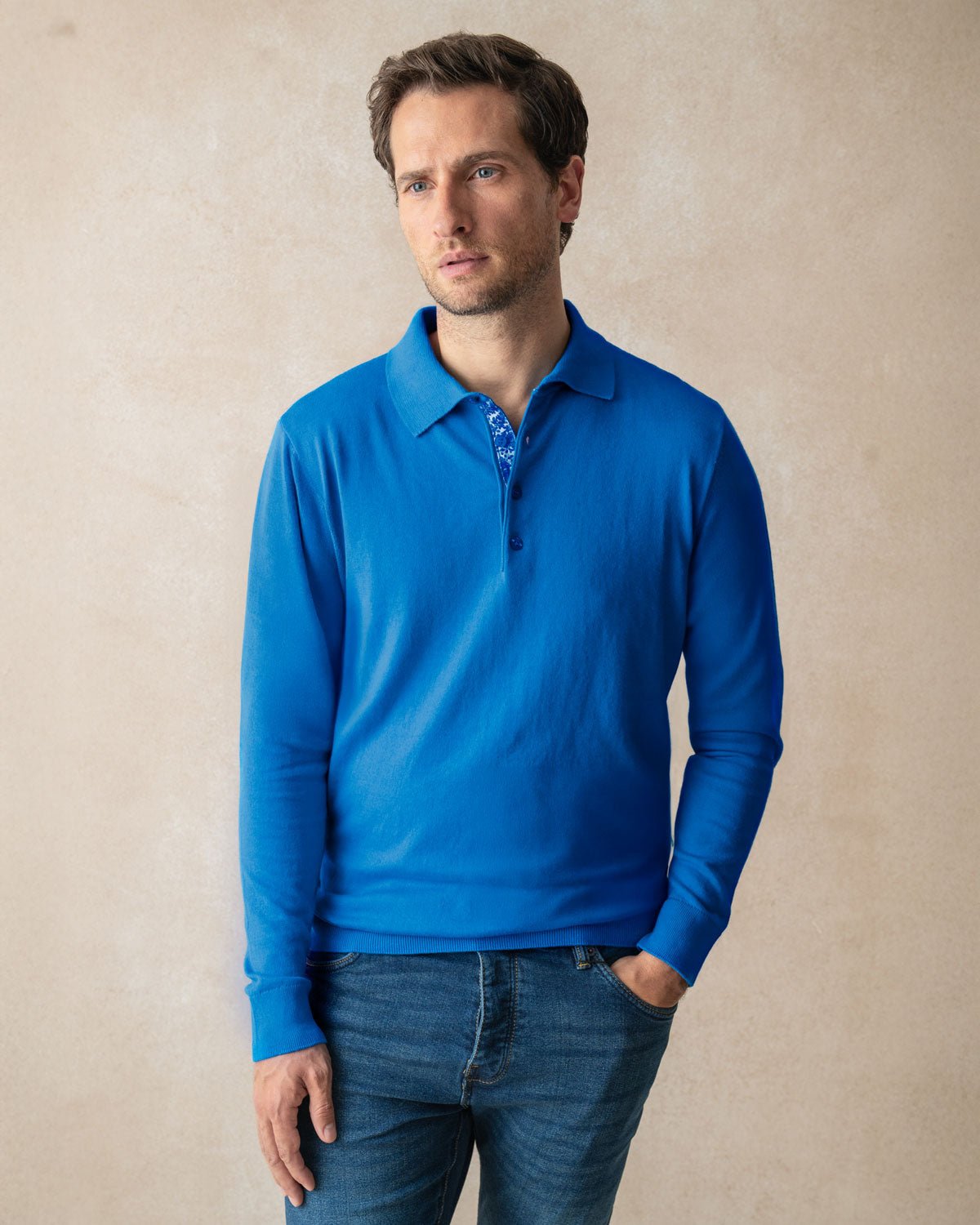 Blue Knit Polo with Blossom Accents - Blake Mill