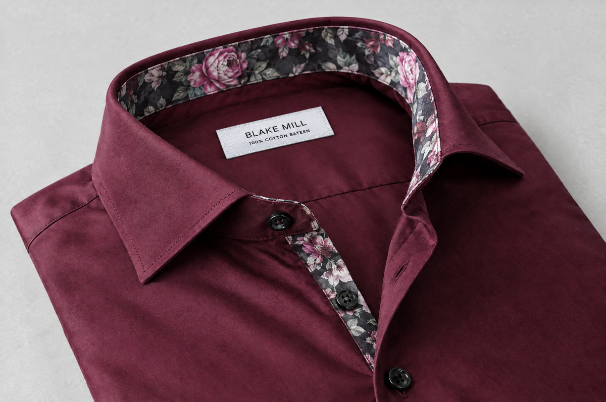 Burgundy Sateen shirt with Roses Accents collar detail