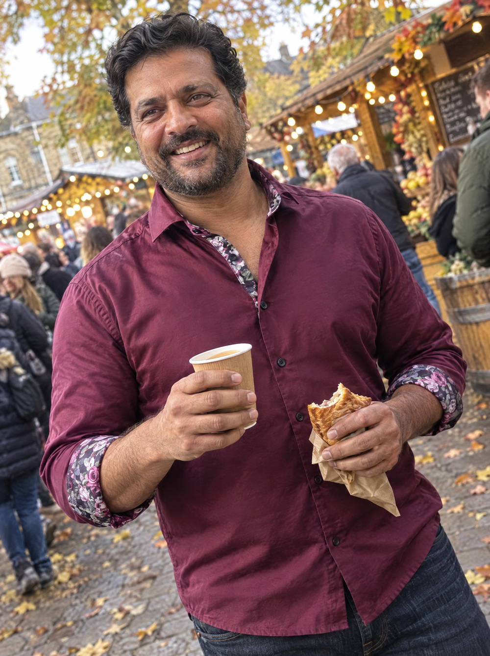 Man wearing the Burgundy Sateen shirt with Roses Accents at an autumn food fair