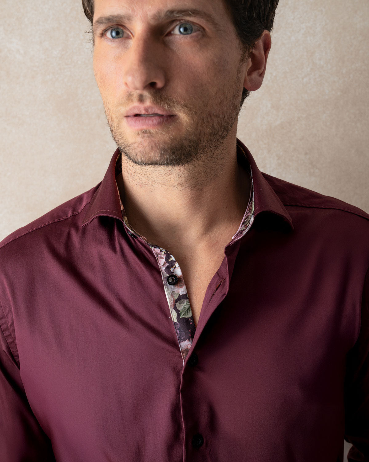 Burgundy Sateen Shirt with Roses Accents