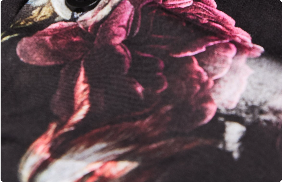 Close-up of the Dark Bloom Shirt’s dark floral print
