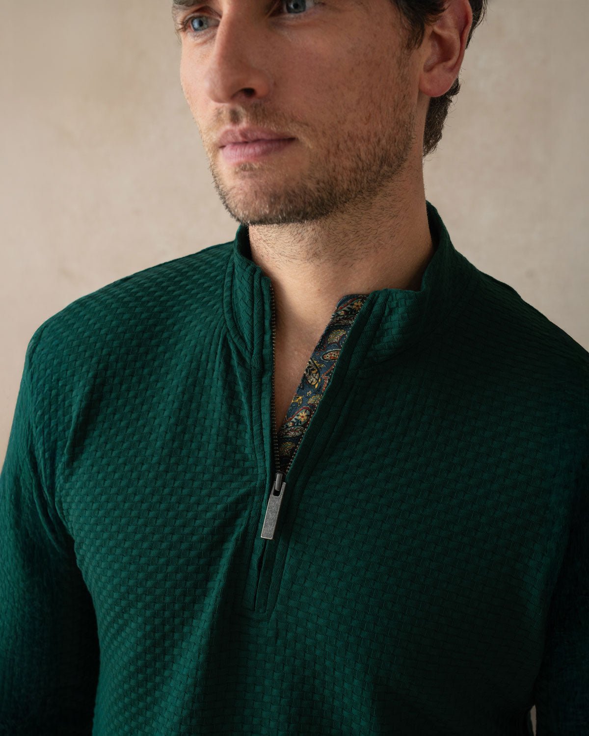 Dark Green Quarter Zip Jersey with Paisley Accents - Blake Mill