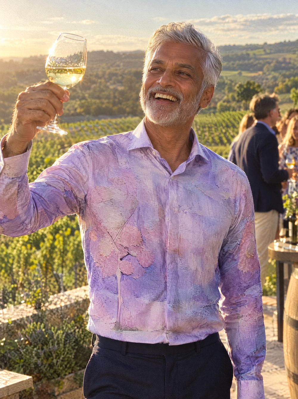 Man wearing the Forest of Dreams shirt at a vineyard