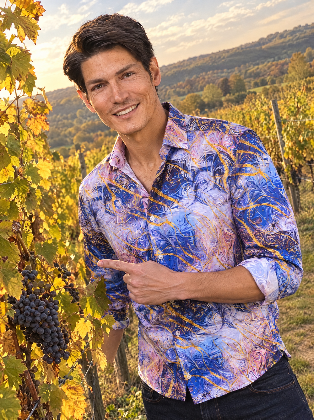 Man wearing the Goldenstone shirt on a vineyard walk