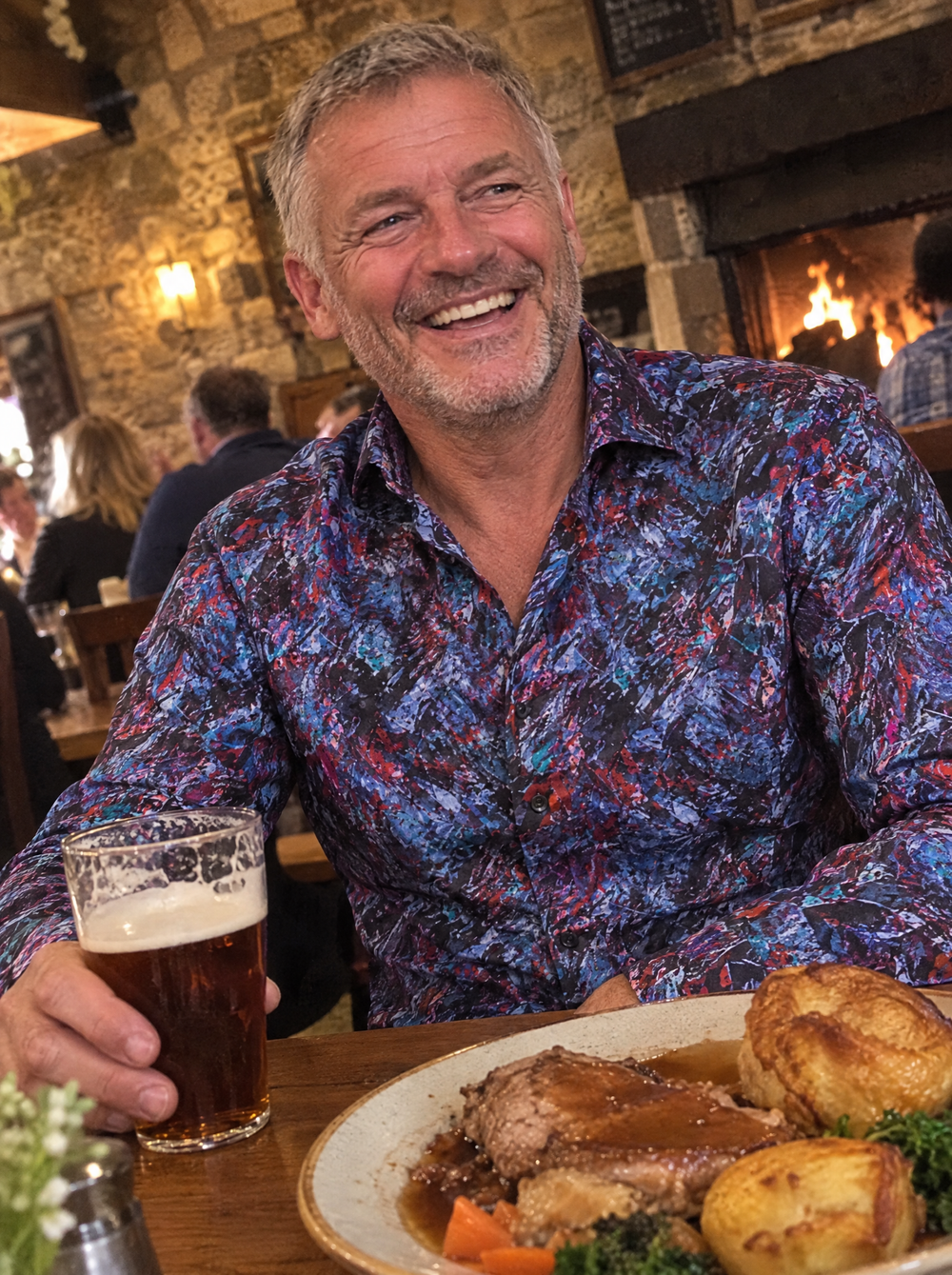Man wearing the Granite shirt at a Sunday roast