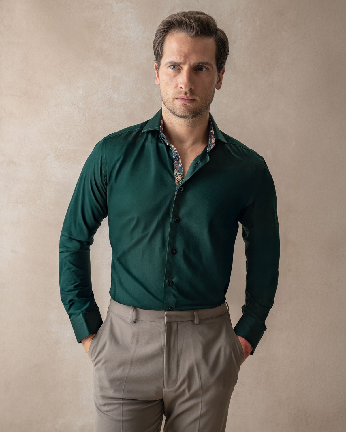 Green Sateen Shirt with Paisley Accents - Blake Mill