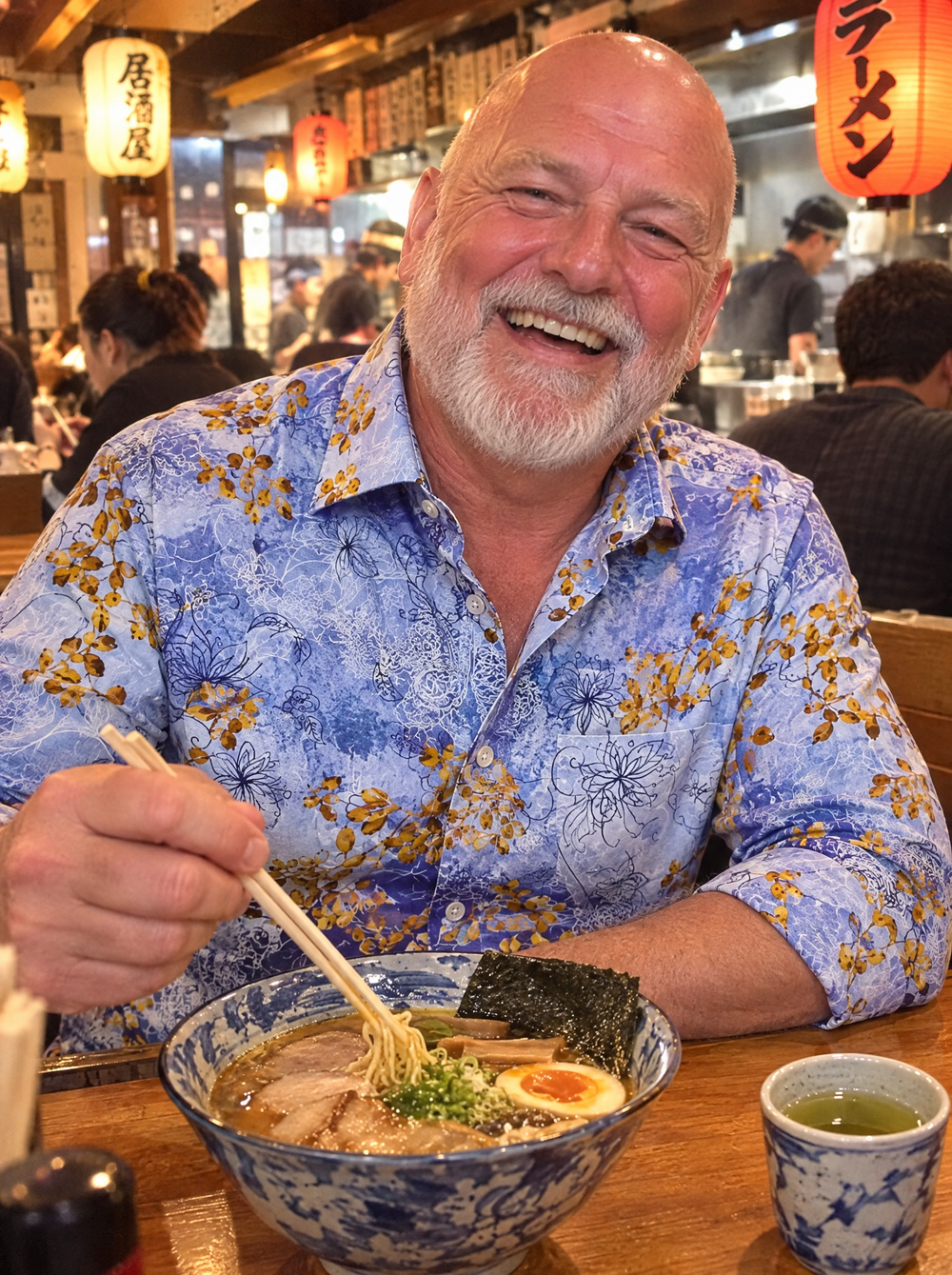 Man wearing the Japanese Flowers Shirt at a Japanese restaurant counter