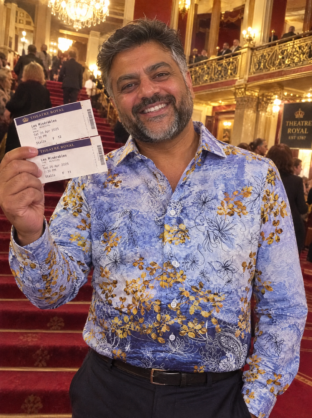 Man wearing the Japanese Flowers Shirt in a theatre foyer