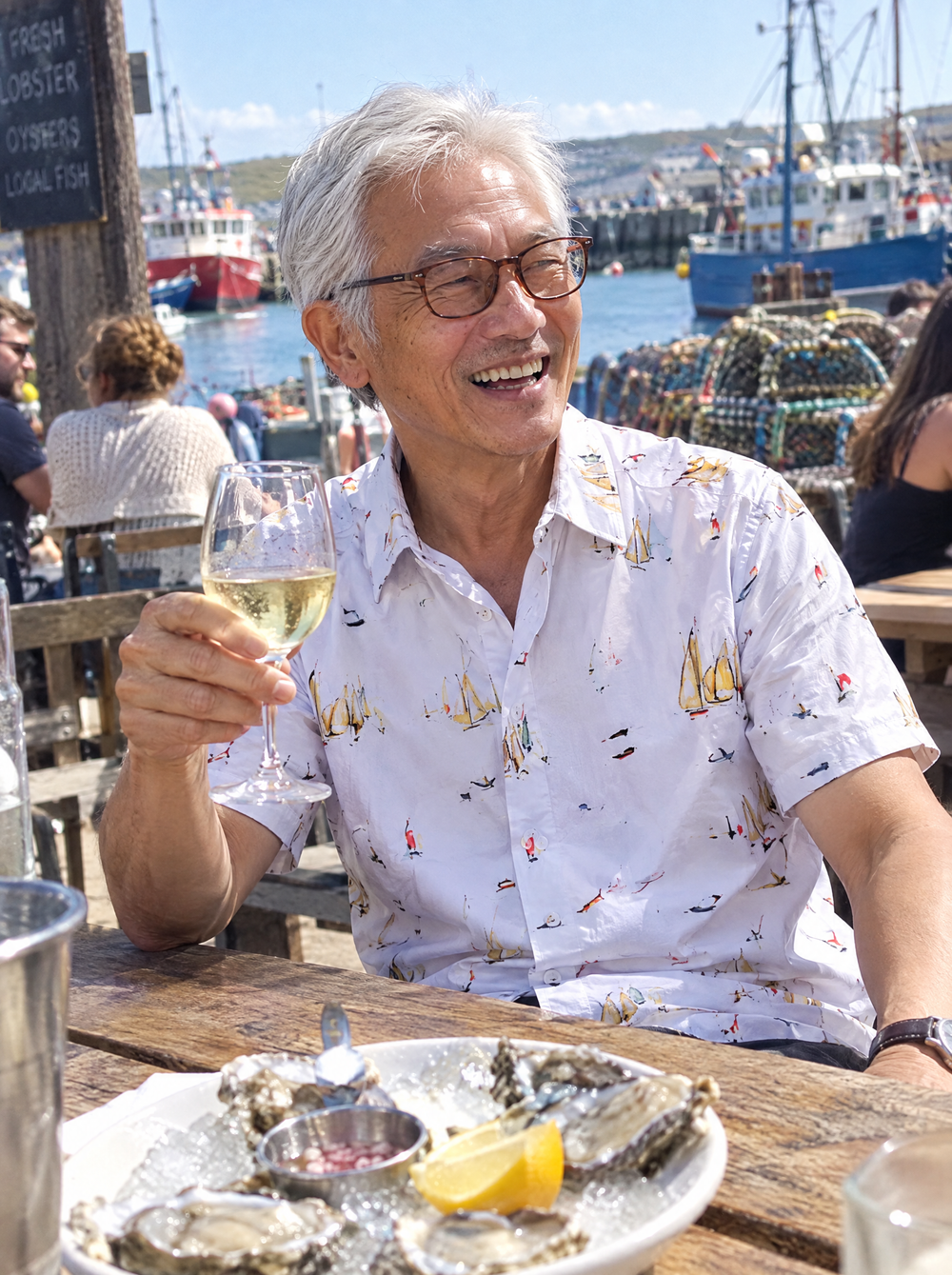 Man wearing the Lowry Yachts Short Sleeve shirt at a seafood shack