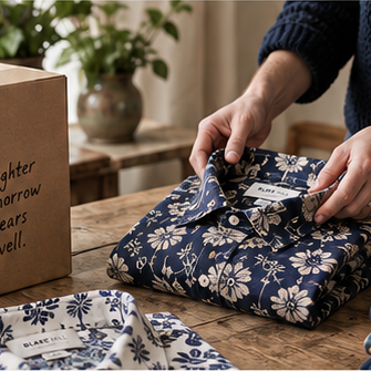 Hands folding a navy floral shirt beside a donation box