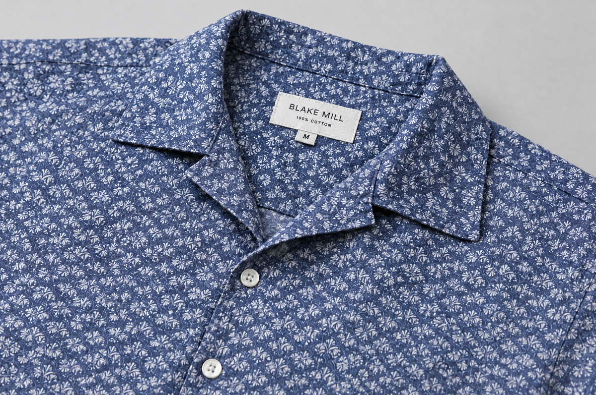 Navy Botanic Geo Open Collar shirt collar detail