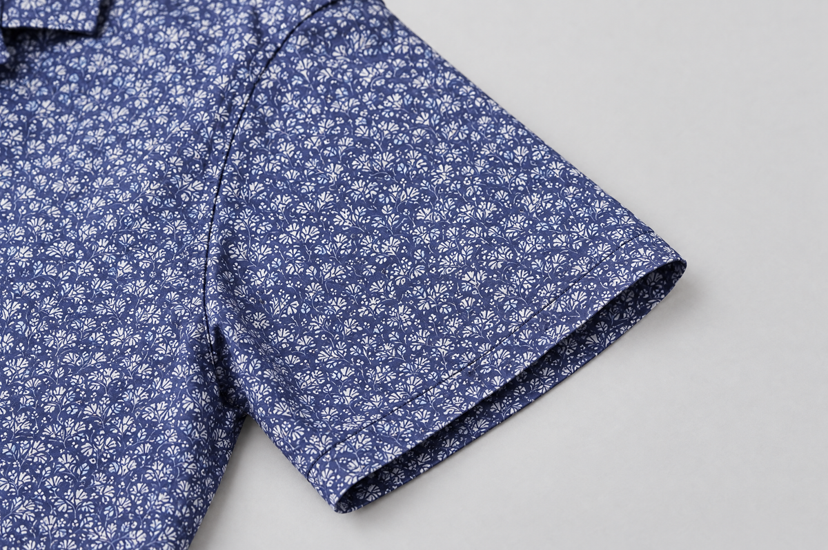 Navy Botanic Geo Open Collar shirt sleeve detail