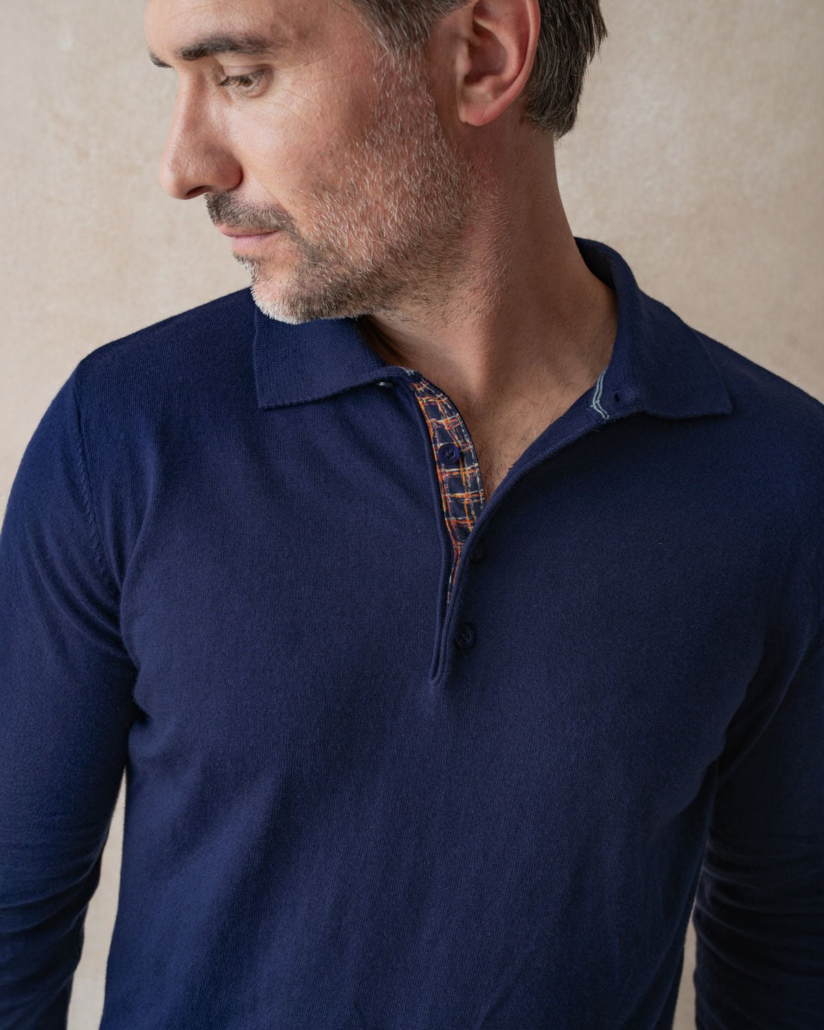 Navy Knit Polo with Check Accents - Blake Mill