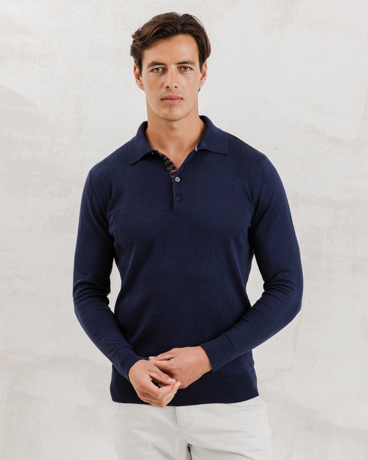 Navy Knit Polo with Check Accents - Blake Mill