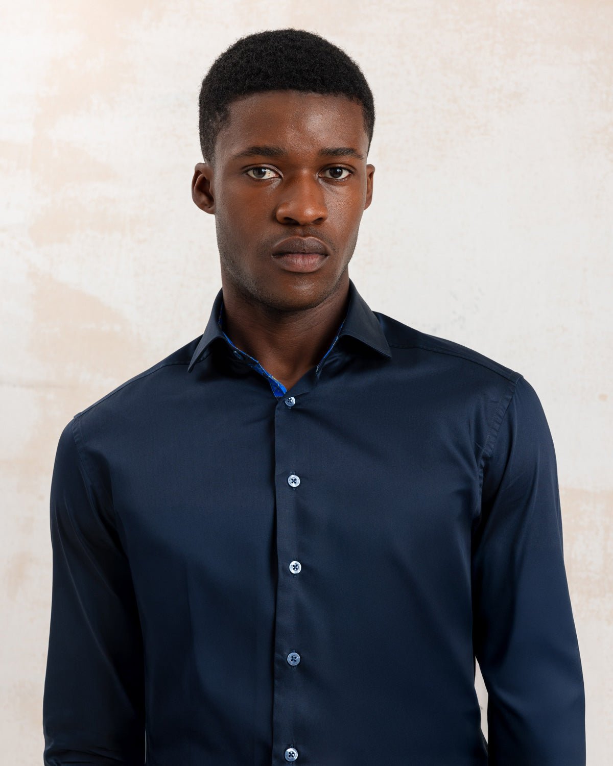 Navy Sateen Shirt with Flowers Under Moonlight Accents - Blake Mill