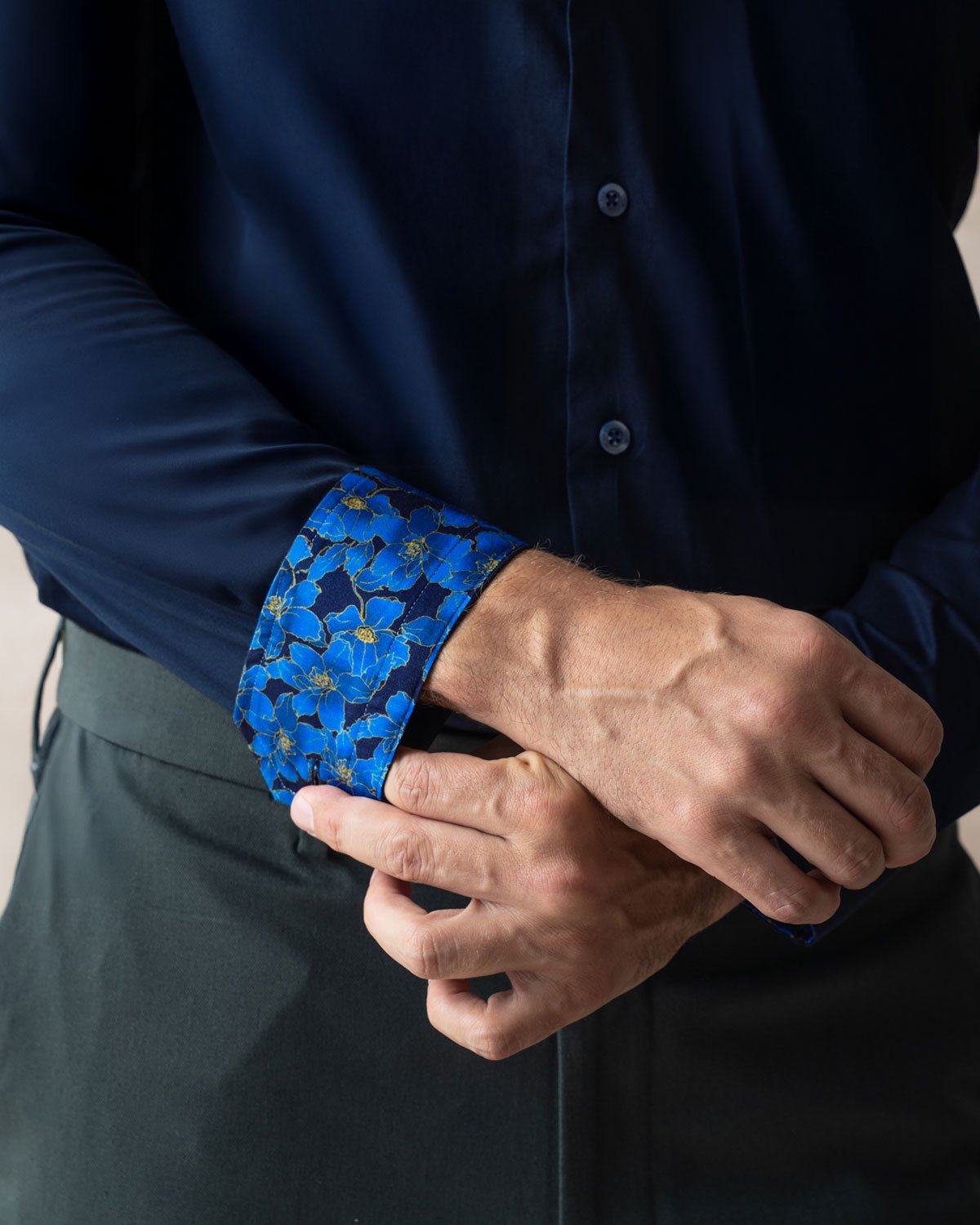 Navy Sateen Shirt with Flowers Under Moonlight Accents - Blake Mill