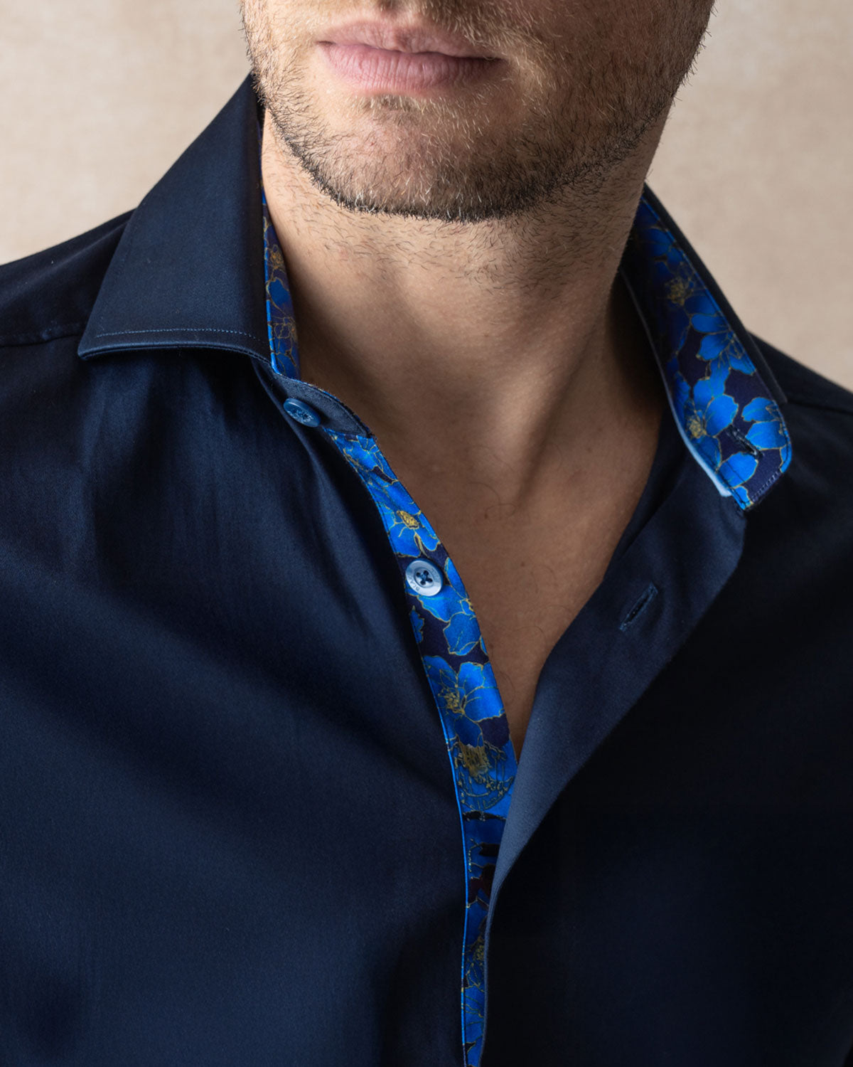 Navy Sateen Shirt with Flowers Under Moonlight Accents