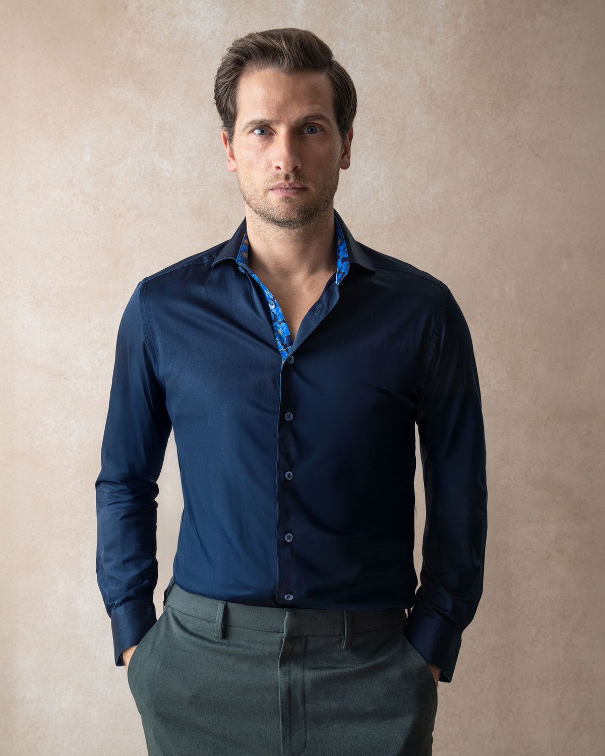 Navy Sateen Shirt with Flowers Under Moonlight Accents