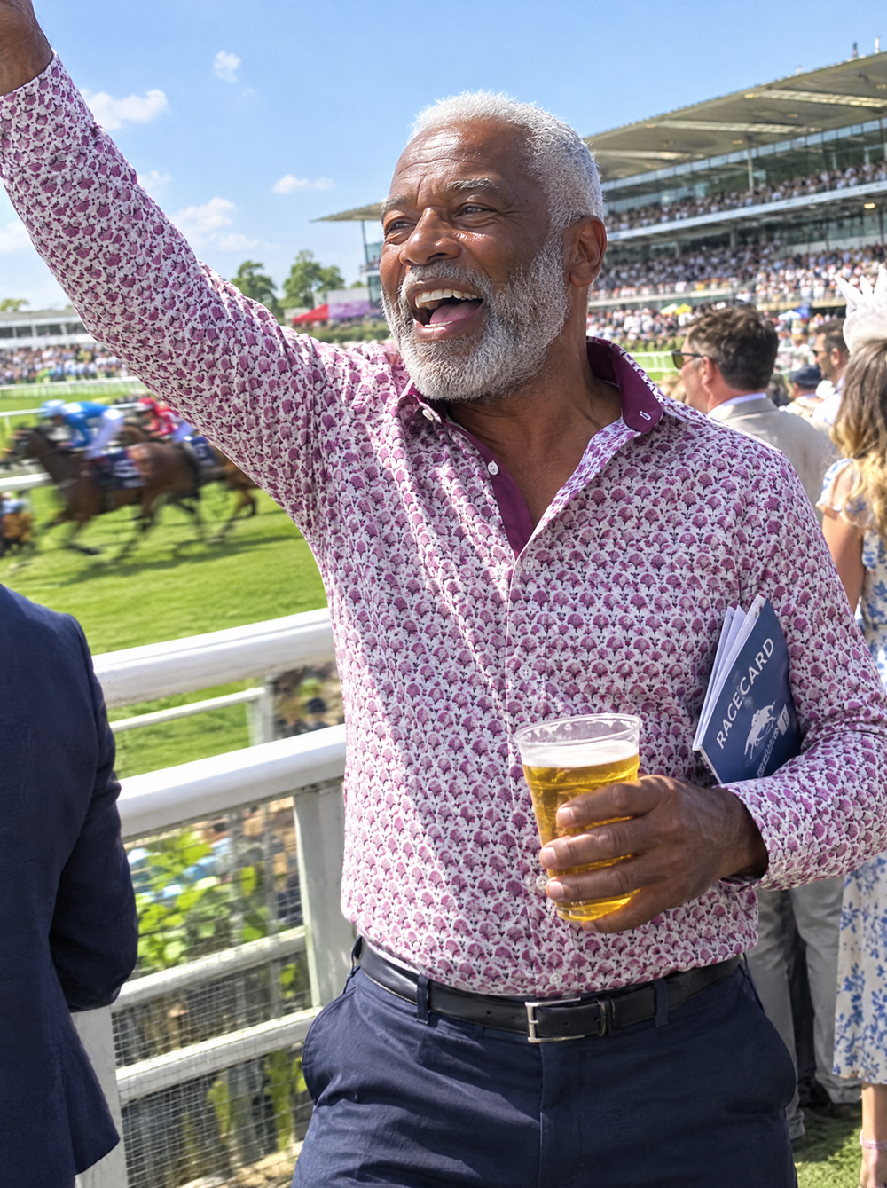 Man wearing the Pink Geo Flora shirt at the races