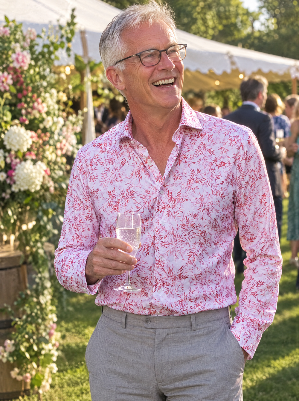 Man wearing the Pink Savanna shirt at a summer wedding
