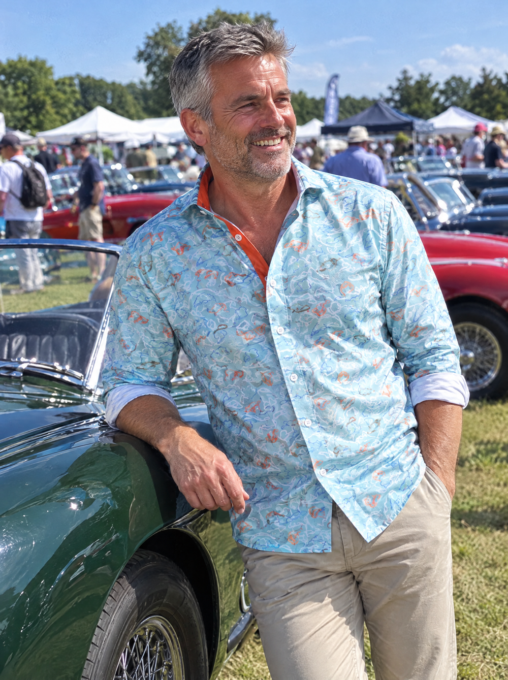 Man wearing the Racing Lines Powder Blue shirt at a classic car show