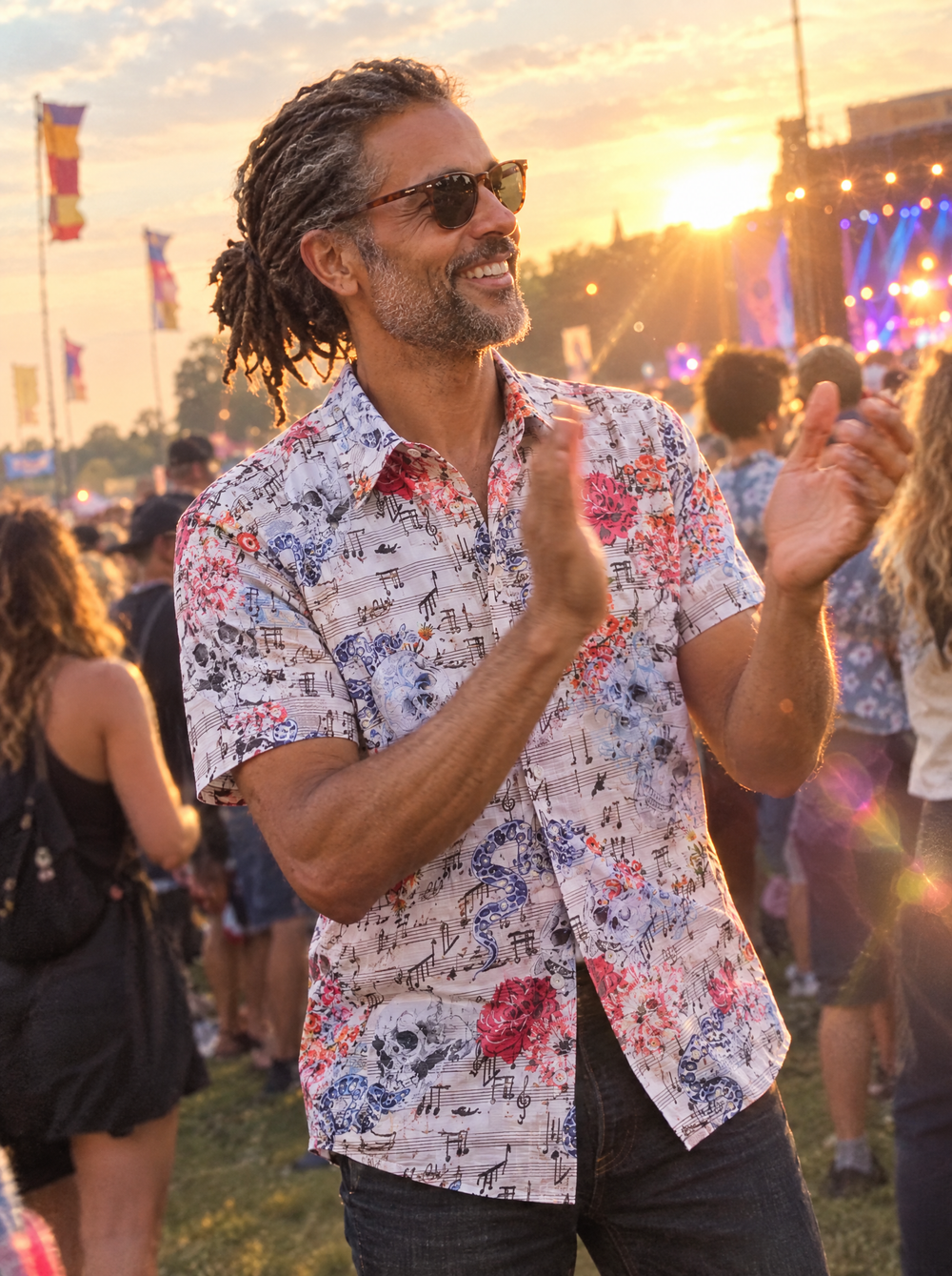Man wearing the Vanitas Sonata (Cream) Short Sleeve Shirt at a music festival