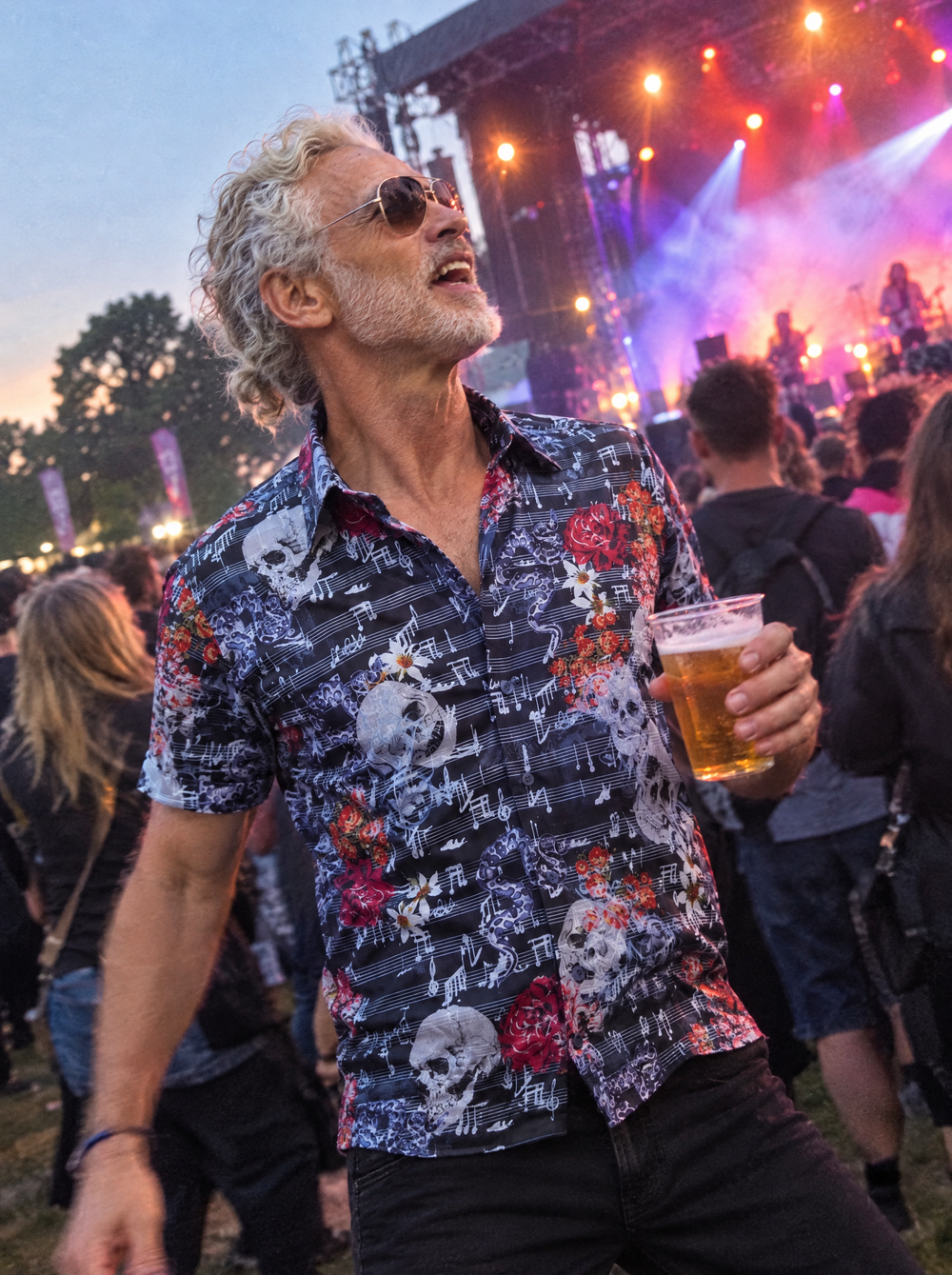 Man wearing the Vanitas Sonata (Navy) Short Sleeve Shirt at an outdoor gig