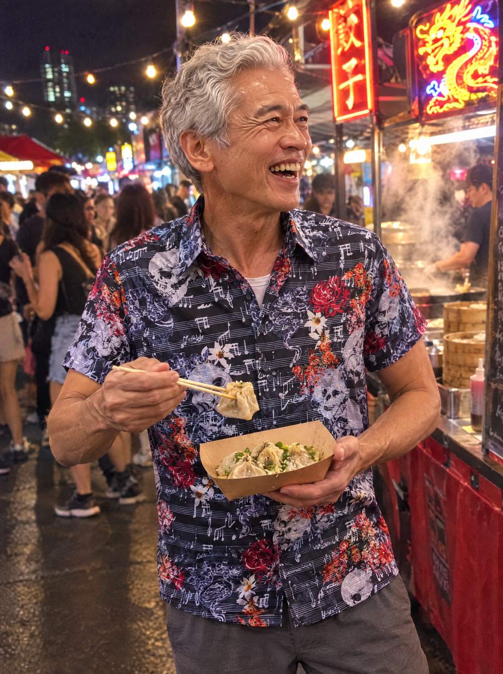 Man wearing the Vanitas Sonata (Navy) Short Sleeve Shirt at a night food market