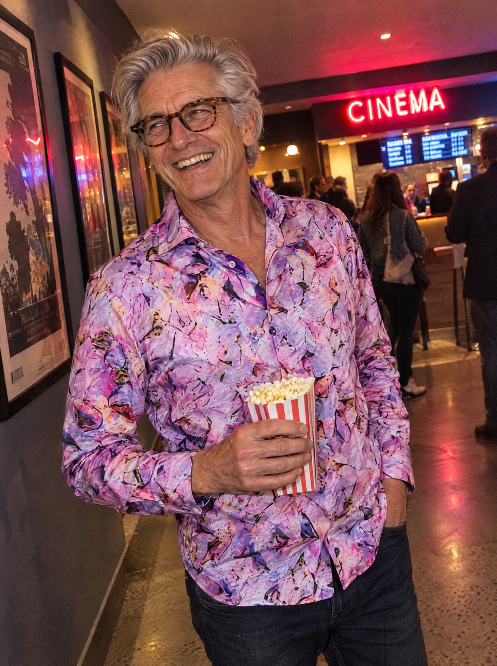 Man wearing the Violet Haze Shirt in a cinema foyer