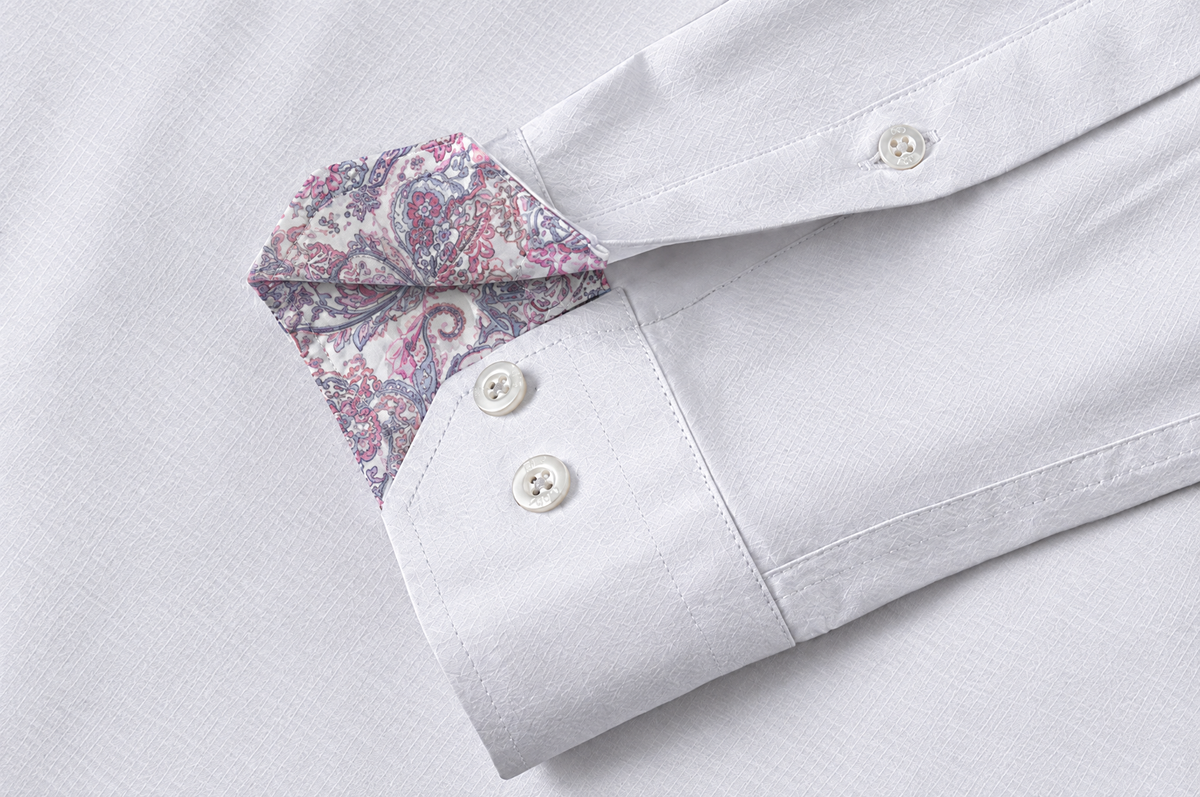 White Textured shirt with Persian Paisley Accents mitred cuff with accent lining