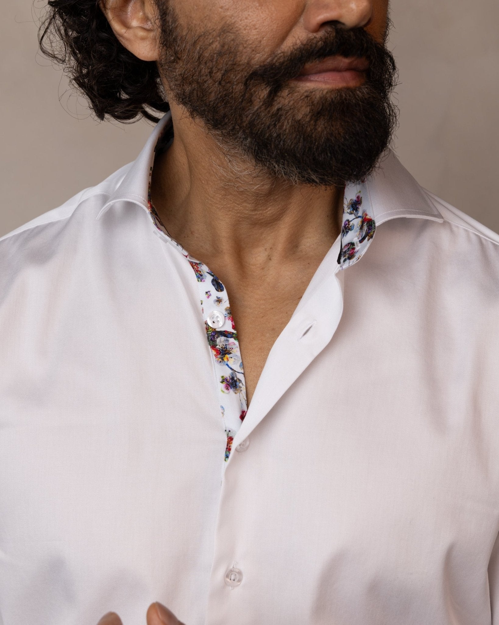 White Sateen Shirt with Botanical Sakura Accents - Blake Mill