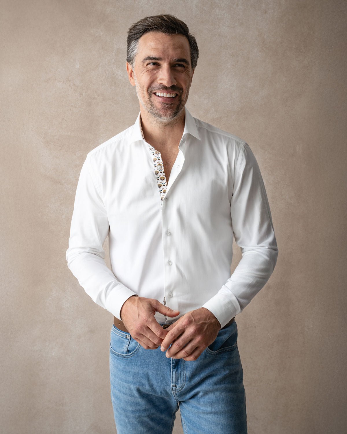 White Sateen Shirt with Yellow Flora Accents - Blake Mill