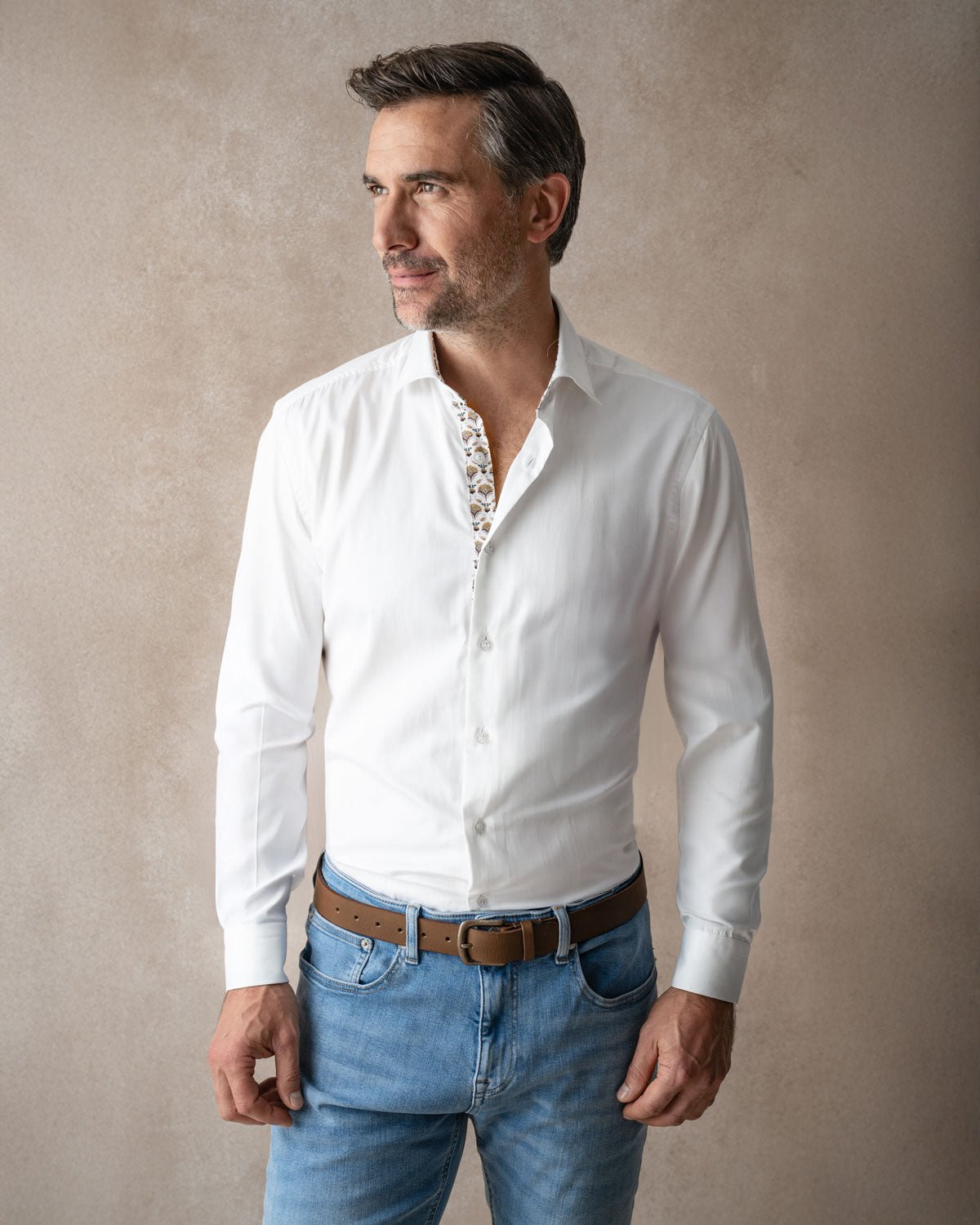 White Sateen Shirt with Yellow Flora Accents - Blake Mill