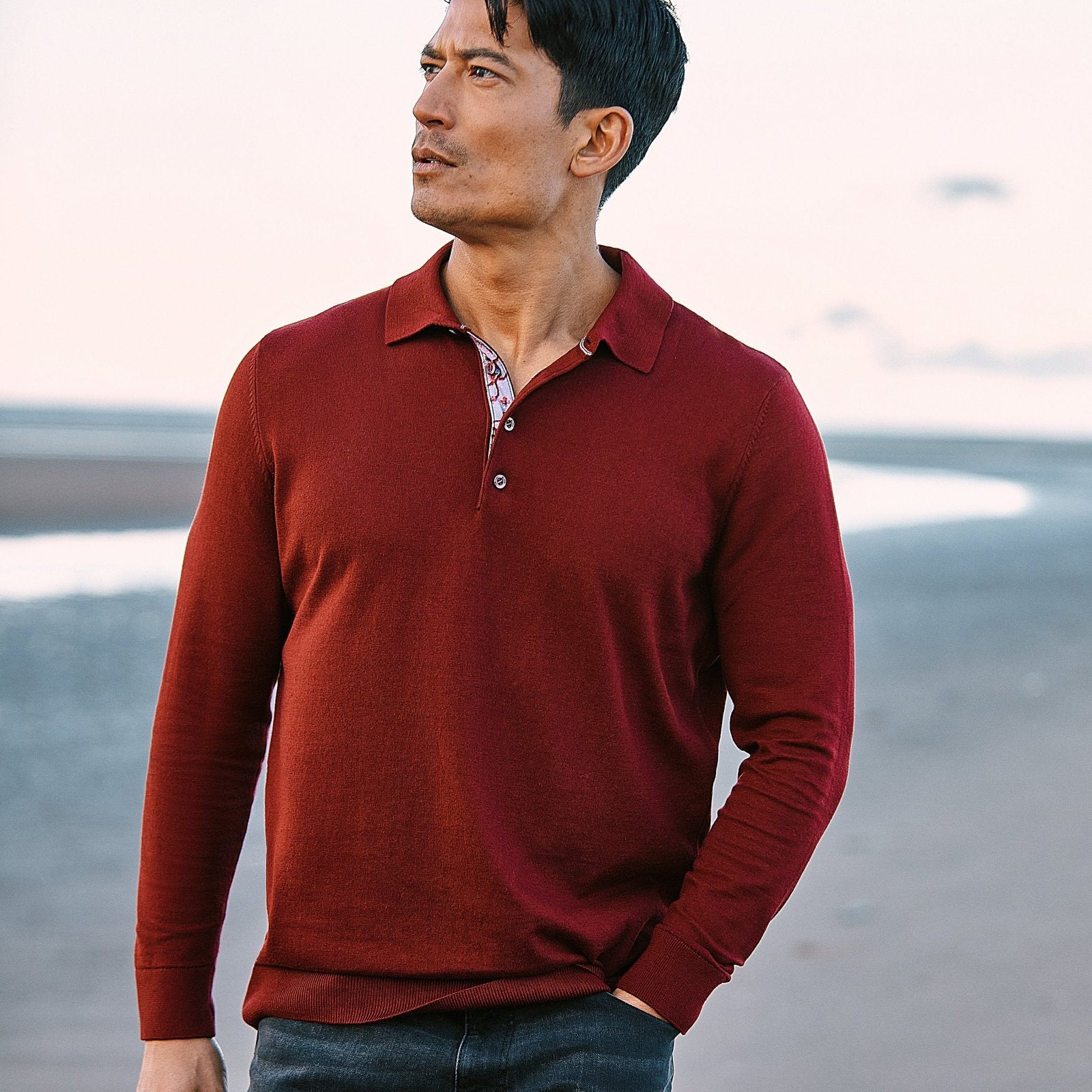 Burgundy Knit Polo with Sakura Tree Accents - Blake Mill