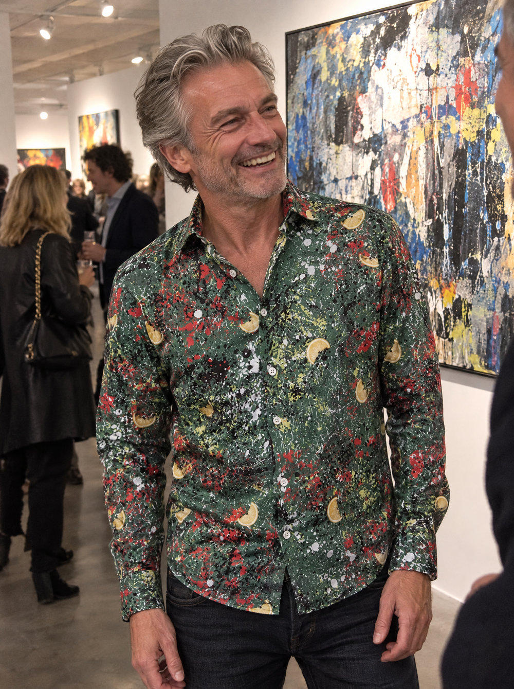 Man wearing the Adore The Mess Shirt at a gallery private view