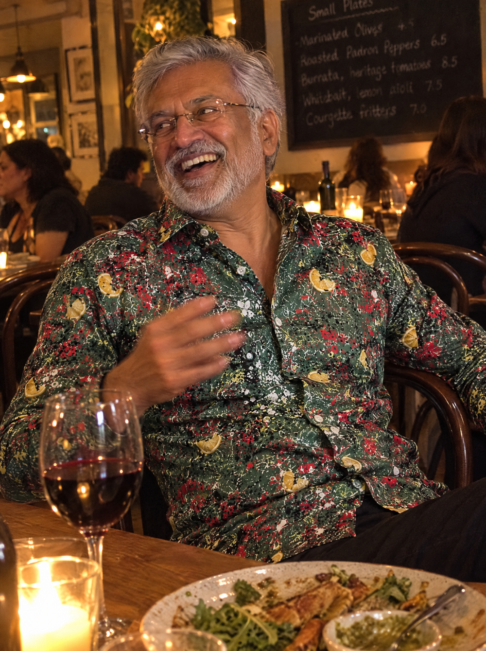 Man wearing the Adore The Mess Shirt at a bistro dinner