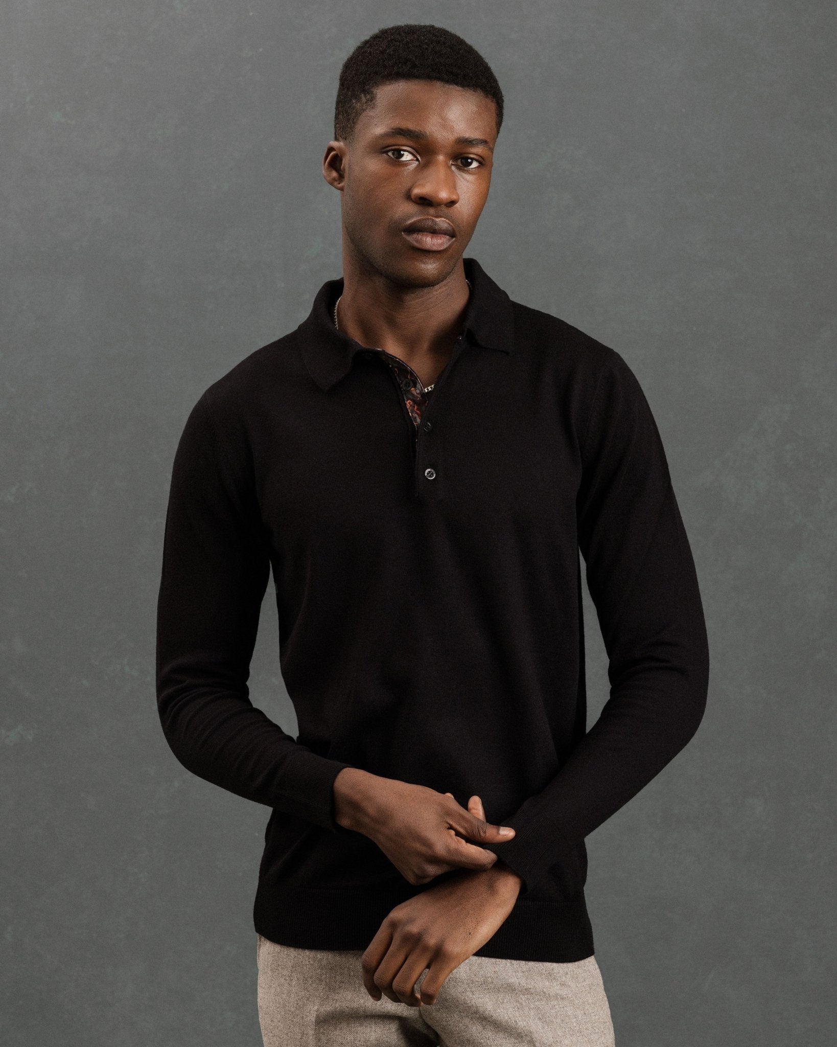 Black Knit Polo with Ripple Accents - Blake Mill