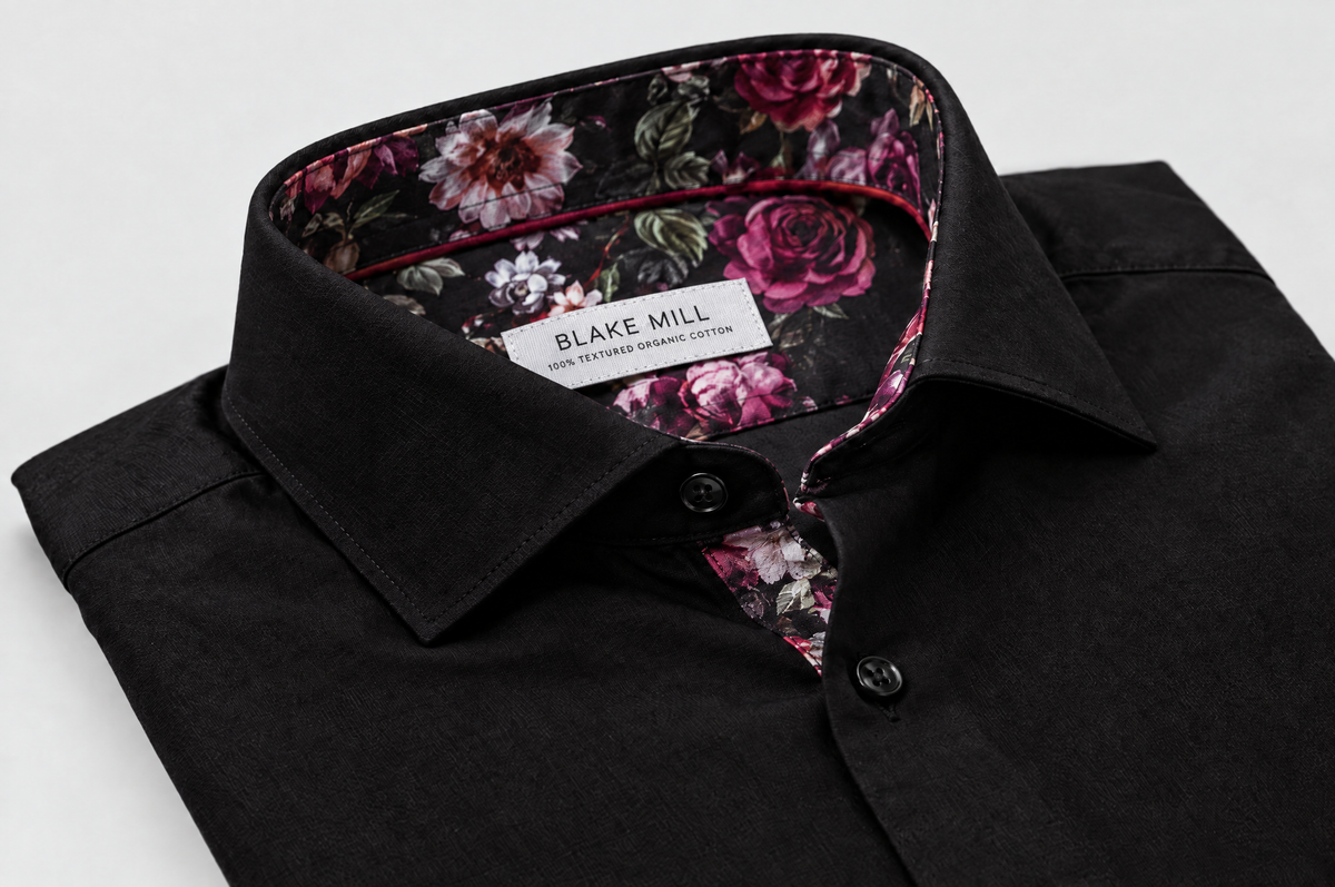 Black Sateen shirt with Name of the Rose Accents collar detail
