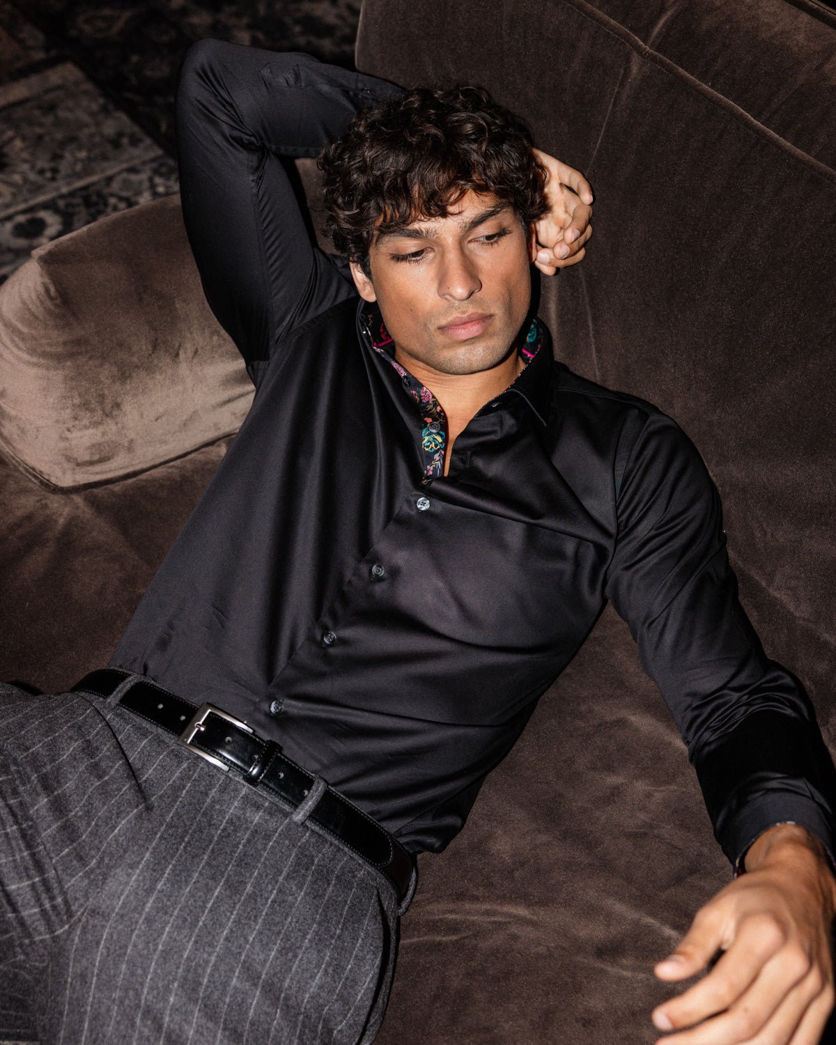 Black Sateen Shirt with Midnight Garden Accents - Blake Mill