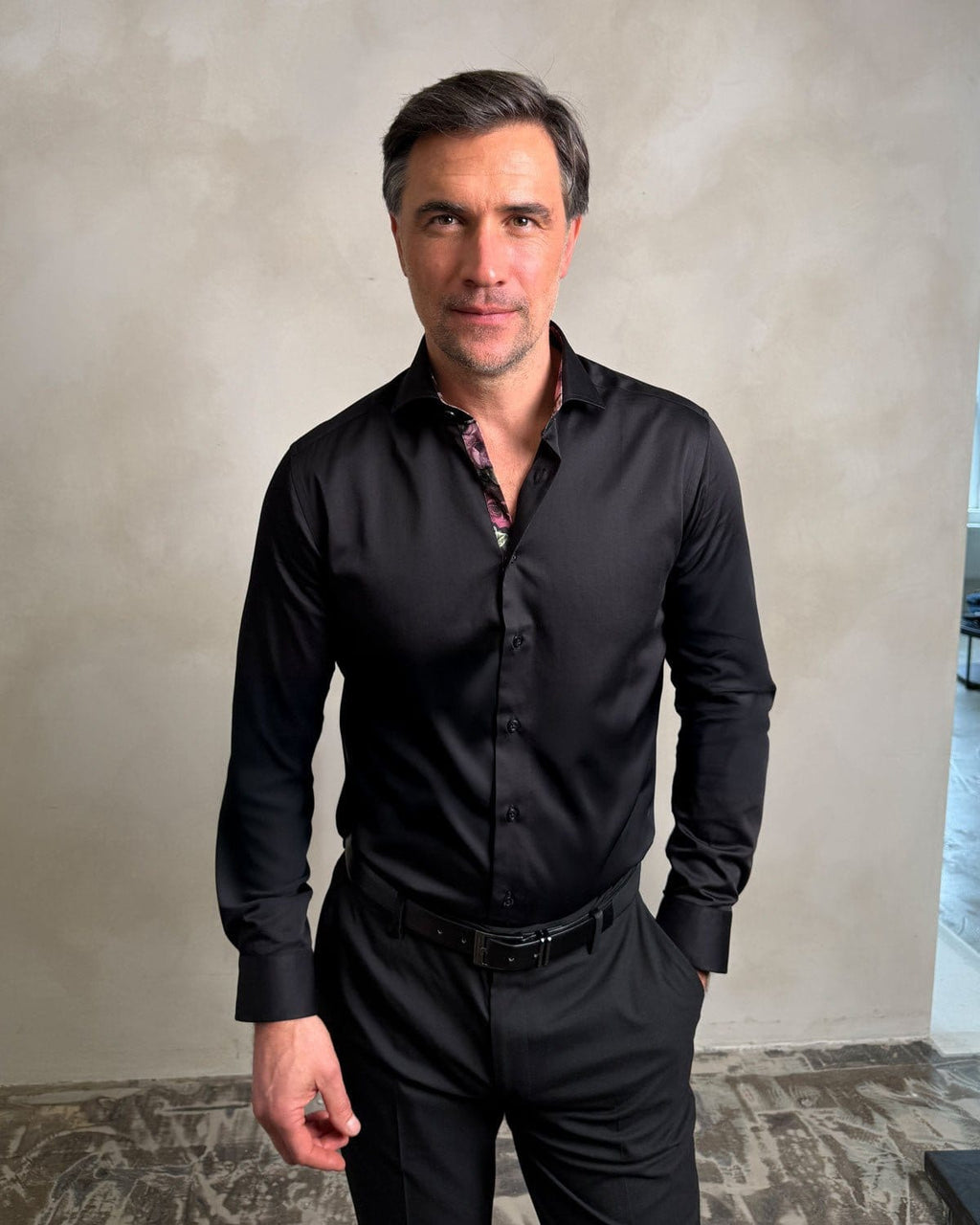 Black Sateen Shirt with Name of the Rose Accents - Blake Mill