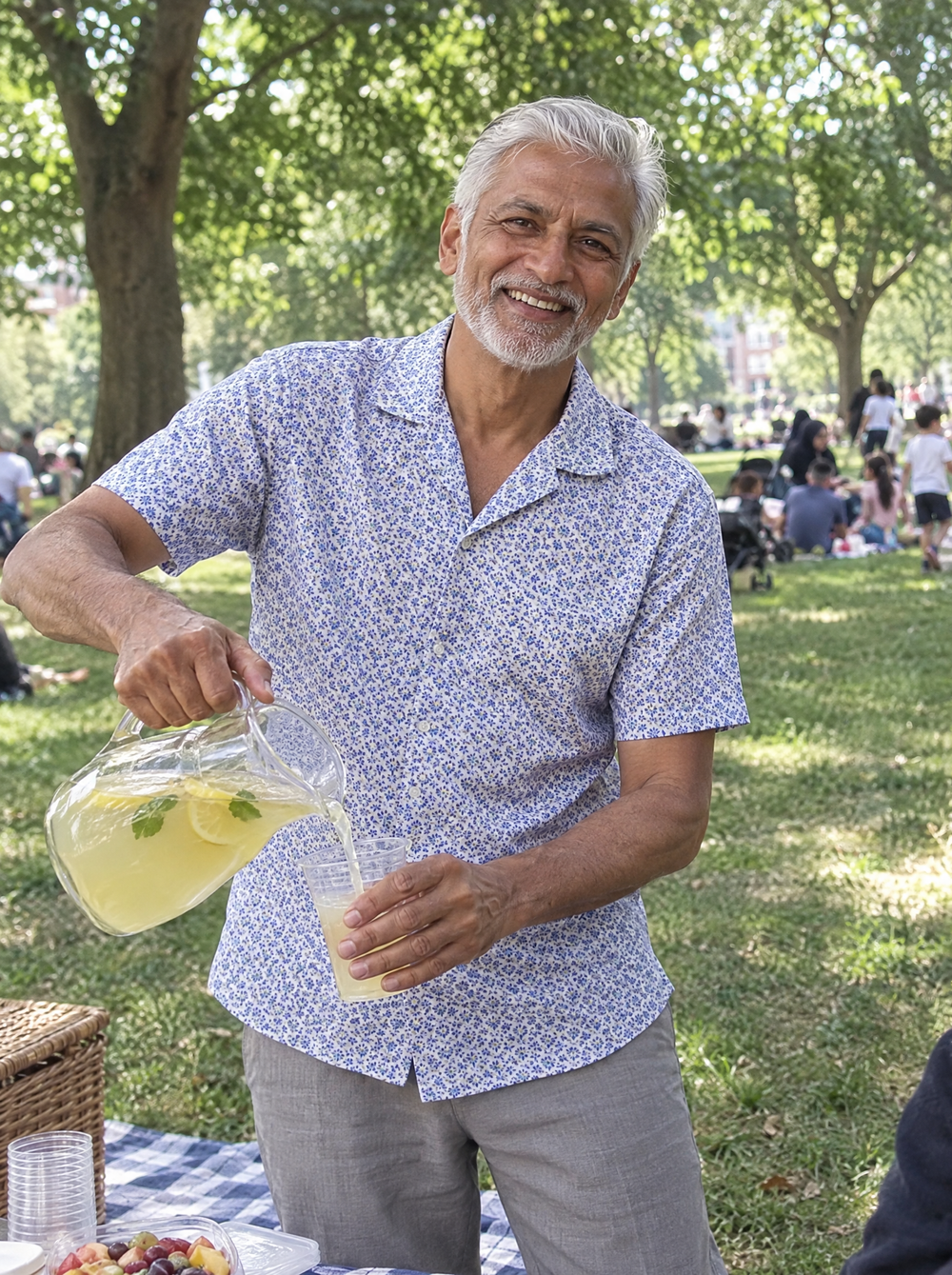 Man wearing the Blue Botanic Geo Open Collar shirt at a park picnic