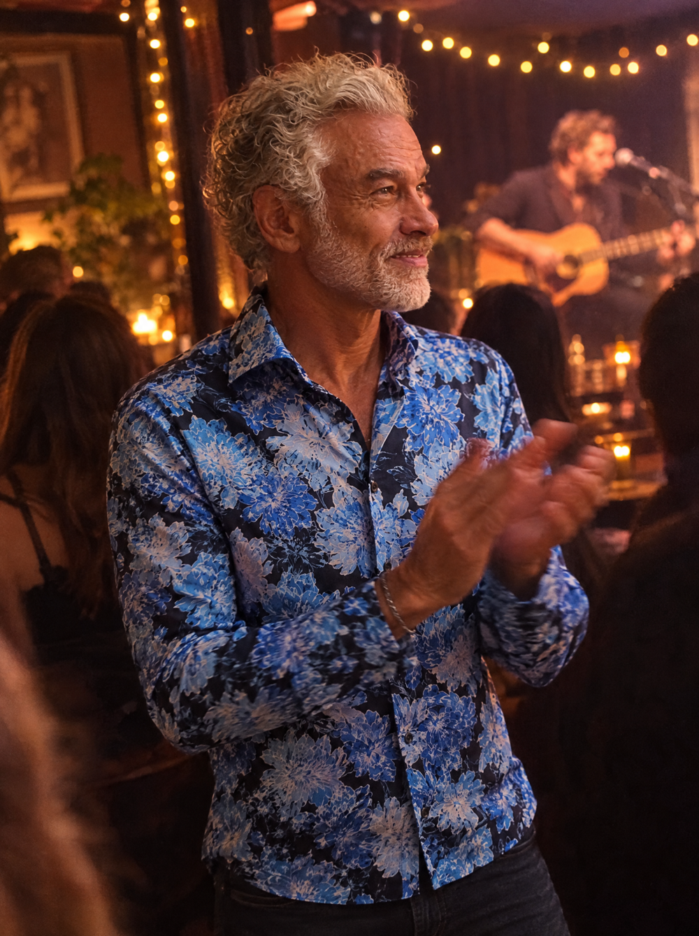 Man wearing The Blue Camellia Shirt at an acoustic gig