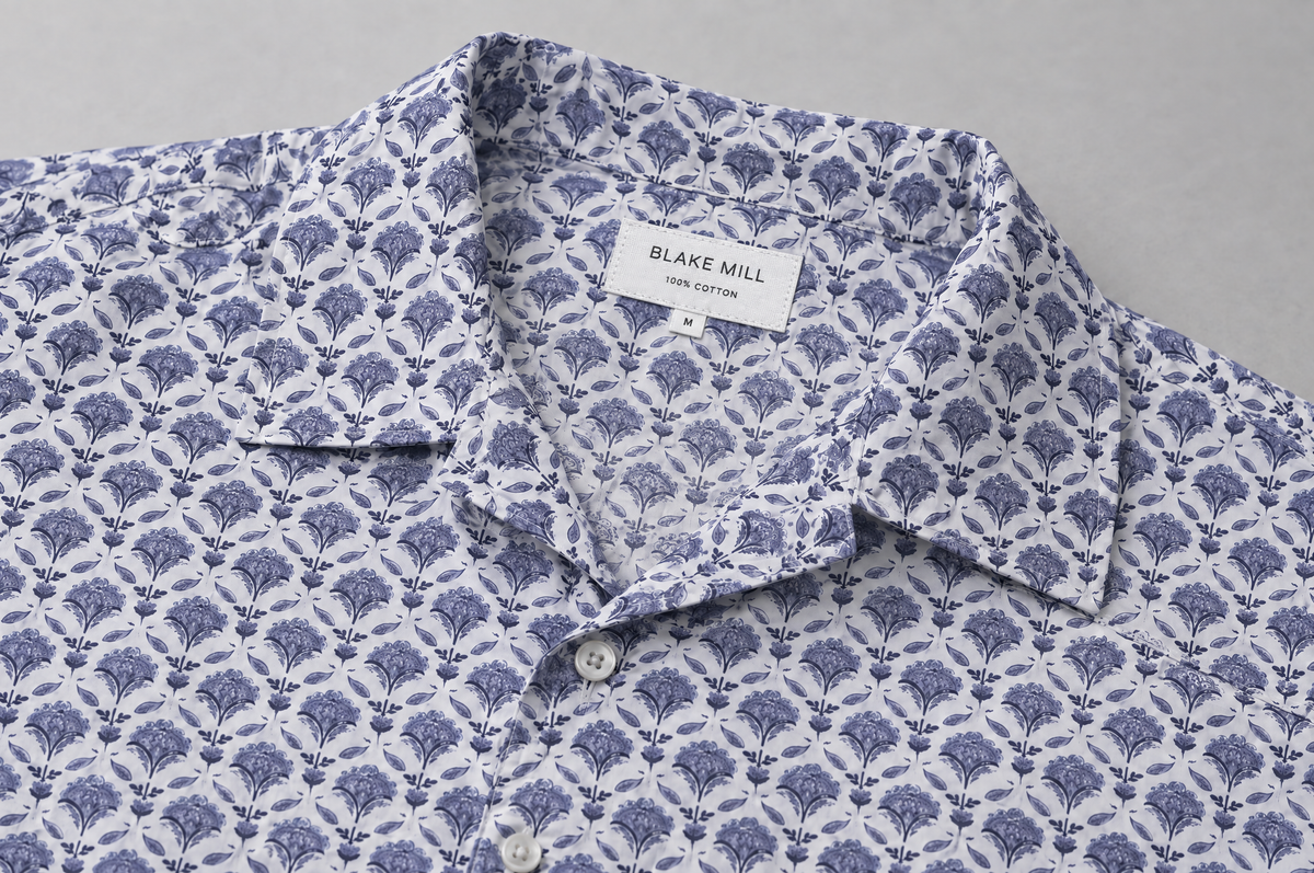 Blue Geo Flora Open Collar shirt collar detail