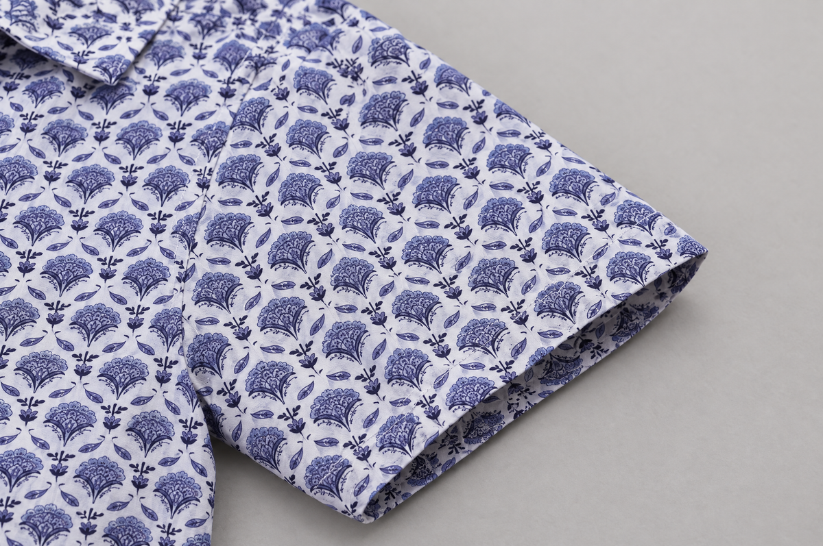 Blue Geo Flora Open Collar shirt sleeve detail
