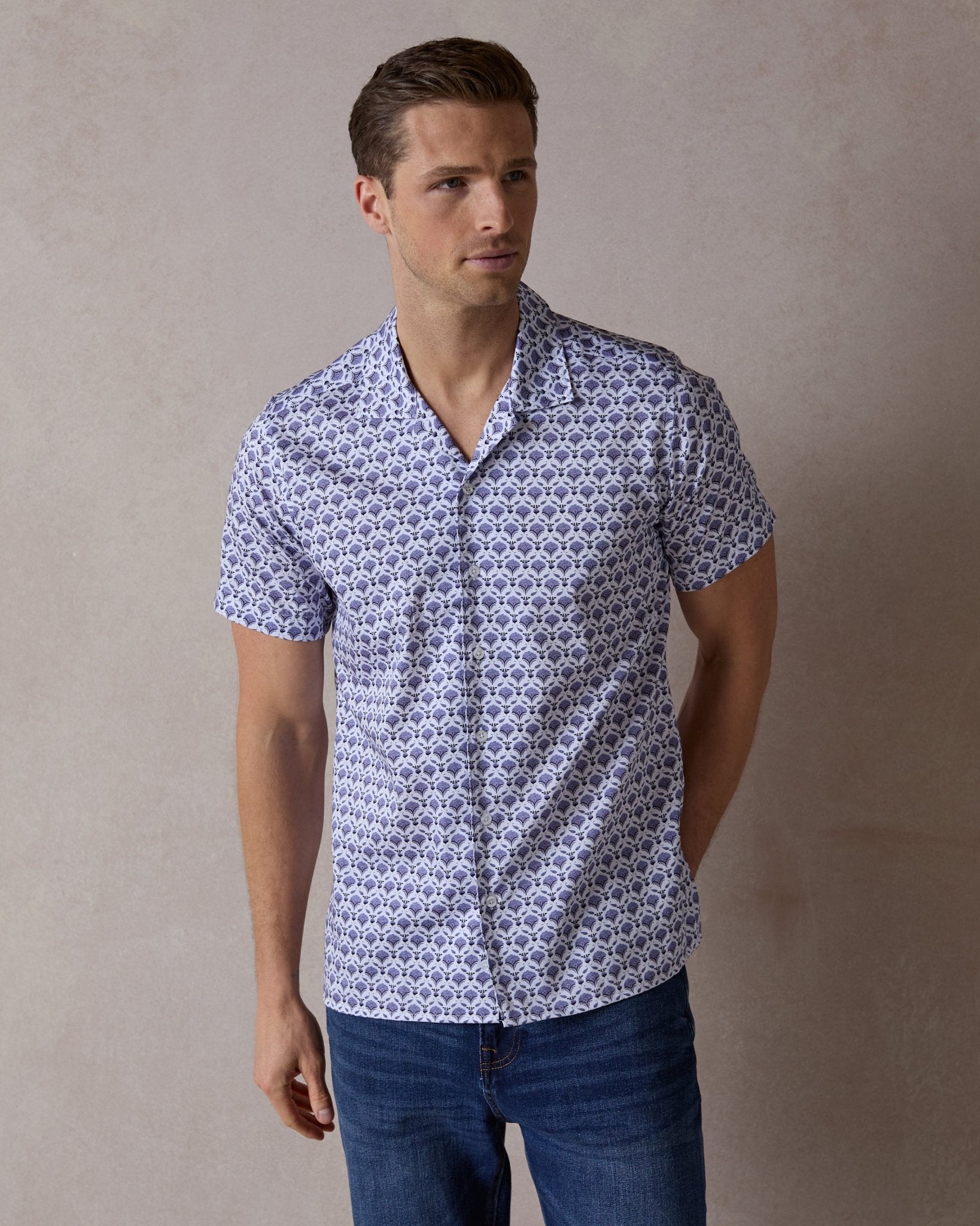 Blue Geo Flora Open Collar Shirt - Blake Mill