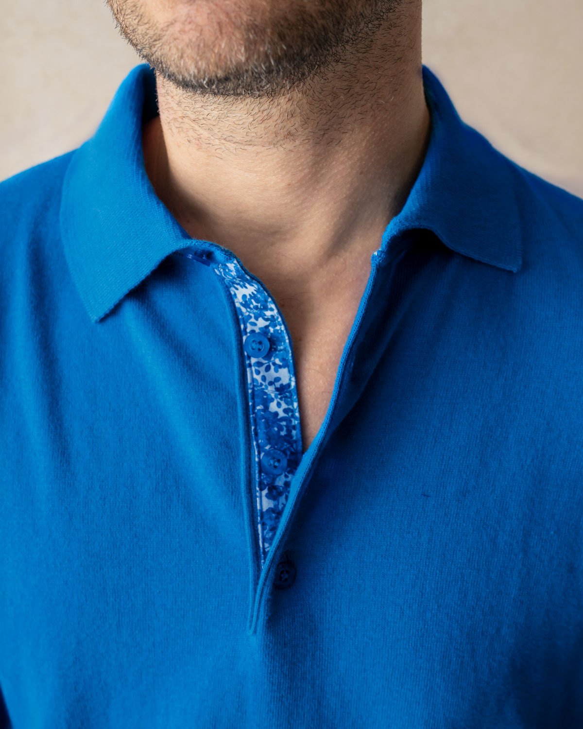 Blue Knit Polo with Blossom Accents - Blake Mill